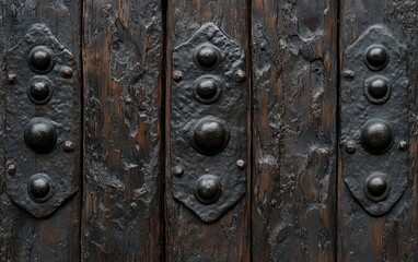 古木の扉と金属の装飾が印象的な歴史的な建物の一部