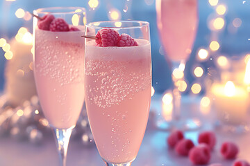 luxurious cocktail presentation, elegant champagne flutes filled with bubbly cocktails and raspberry skewers, set against a backdrop of crystals and candles for a luxurious and romantic ambiance at an