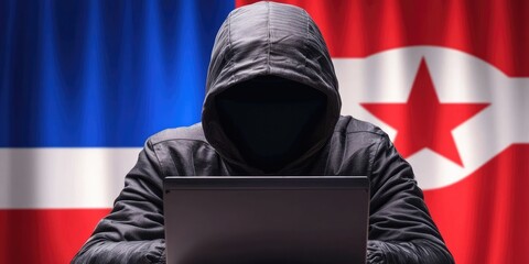 A hooded figure sits in front of a laptop, with North Korean flags in the background, symbolizing cyber activities and anonymity.
