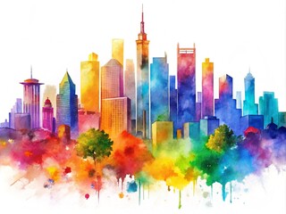Fototapeta premium Colorful Watercolor Painting Landscape With City Skyline Isolated