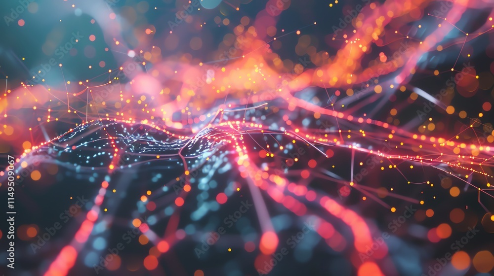 Aufkleber abstract digital background of connected glowing lines and dots with blurred lights in red and orang