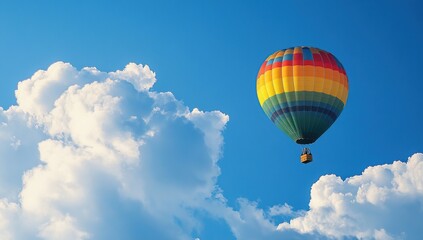 Naklejka premium Colorful Hot Air Balloon Soaring Through Clouds in a Blue Sky: A Journey of Freedom and Adventure