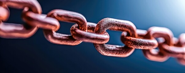 Obraz premium A close-up view of a rusty metal chain link against a dark blue background, showcasing texture and detail.