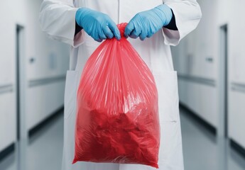 Medical Professional Holding Red Trash Bag in Clinical Environment