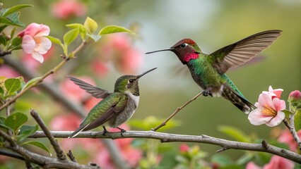 Fototapeta premium Two vibrant hummingbirds are perched on a branch amidst a blooming tree. 
