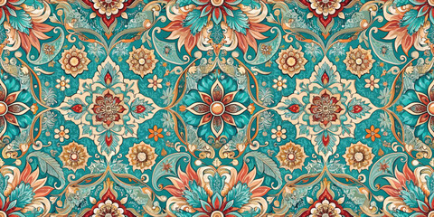 Intricate floral pattern in vibrant teal and warm tones, showcasing detailed designs and a harmonious aesthetic.
