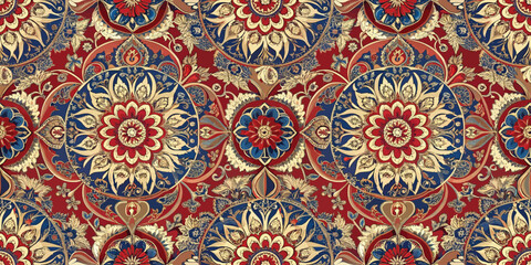 A vibrant floral pattern featuring intricate red, blue, and gold designs on a warm background.