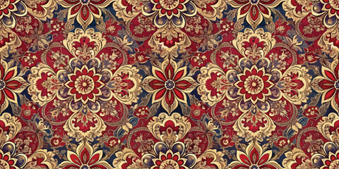 Ornate floral pattern in rich reds and golds, perfect for vintage-inspired designs.