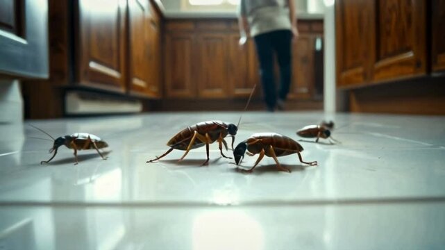 Close-up of cockroaches crawling on a tiled kitchen floor with wooden cabinets in the background