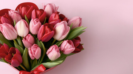 Obraz premium Elegant pink and red tulip bouquet on soft pink background with ribbon