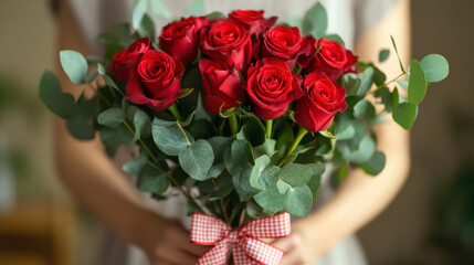 Elegant red roses bouquet with eucalyptus and gingham ribbon in hands