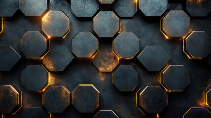 Luxury hexagonal abstract green metal background with golden light lines.