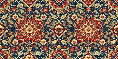 Intricate floral pattern with rich colors and detailed designs, perfect for textiles and wallpaper.
