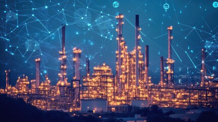 Fototapeta premium Modern factory, communication network. Telecommunication. IoT, Internet of Things, ICT, Information communication Technology,. Smart factory. Digital transformation, cloud connecting,