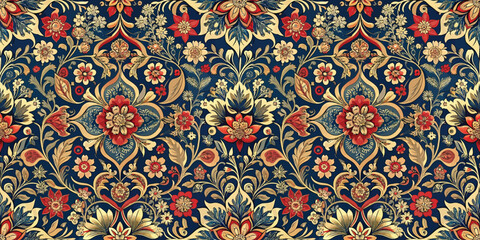 Intricate floral pattern featuring vibrant reds and golds against a deep blue background.