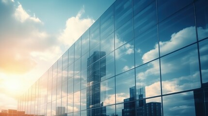 Modern office building or business center. High-rise window buildings made of glass reflect the clouds and the sunlight. empty street outside  wall modernity civilization. growing up business