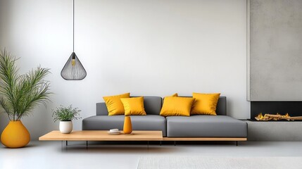 Minimalist Living Room with Wooden Shelf, Grey Sofa, Yellow Pillows, Concrete Wall, and Fireplace