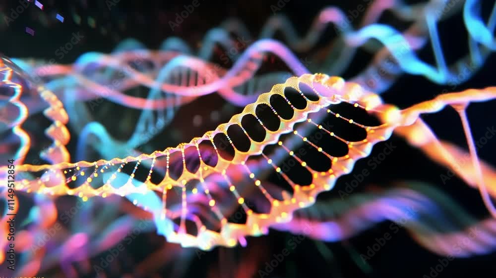 Poster colorful dna helix rotating and glowing with big data transferring information in a futuristic techn