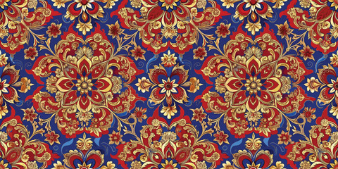 A vibrant floral pattern with intricate designs in rich colors of red, gold, and blue, showcasing elegance and artistry.
