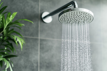 sleek, modern showerhead releasing water in a stylish bathroom. The dark tiles and lush plants create a relaxing, luxurious atmosphere, perfect for a refreshing shower experience in a contemporary spa