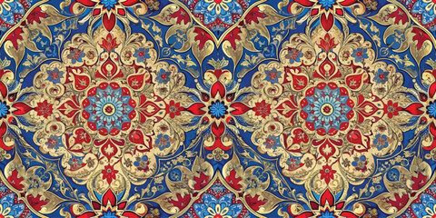 Intricate floral pattern with rich red, gold, and blue tones, showcasing a classic ornamental design.