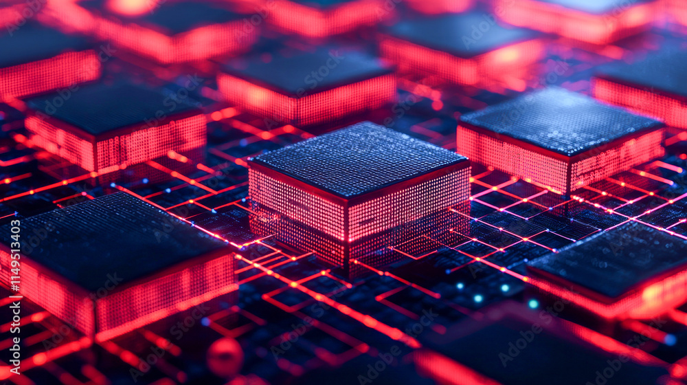 Poster futuristic red microchip circuit board with glowing nodes