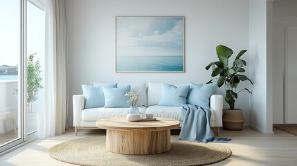 Bright living room with white sofa, blue pillows, wooden coffee table, sea view, and plants.