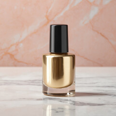 A luxurious gold nail polish bottle with a black cap stands elegantly against a marble backdrop,...