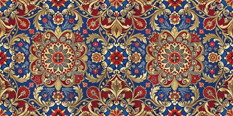 Elegant floral textile pattern with rich colors and intricate designs.