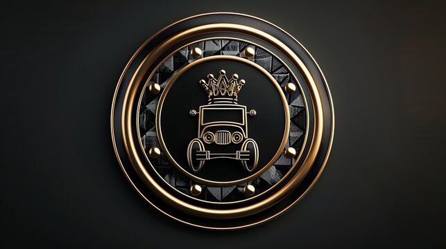A black and gold badge with a vintage car and crown.