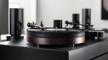 Modern Turntable Setup in Minimalist Room with Elegant Design Features and Sophisticated Audio Equipment, Perfect for Music Lovers and Collectors