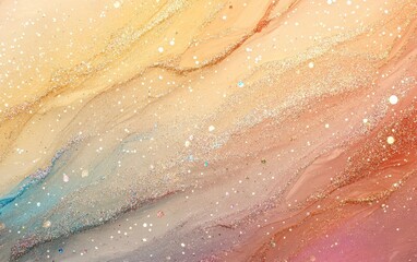 Obraz premium Abstract Fluid Art Painting: Golden Hues and Glittering Texture, Pastel Swirls and Shimmering Sparkle