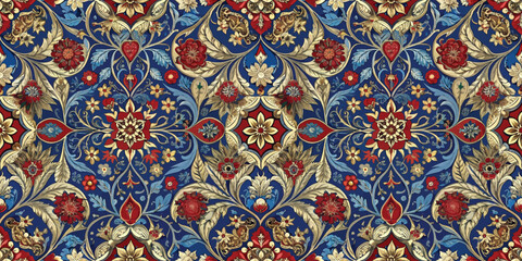 Intricate blue floral pattern featuring vivid reds and golds, perfect for textiles or wallpapers.