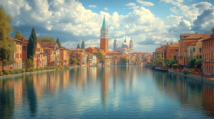 Obraz premium Canal-side buildings, church, bell tower, reflections.
