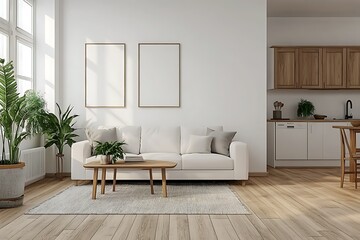 Bright minimalist living room with white sofa, wooden coffee table, and kitchen area.