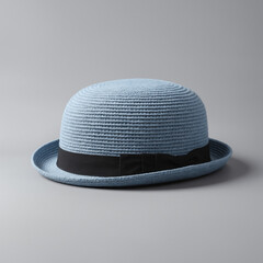 Elegant light blue bowler hat with black ribbon, studio shot, showcasing fine texture and form, Ai...