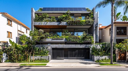 Fototapeta premium modern eco-friendly building with solar panels on the roof and greenery on the walls, showcasing sustainable architecture and green urban planning. [Environmental]:[sustainability] 