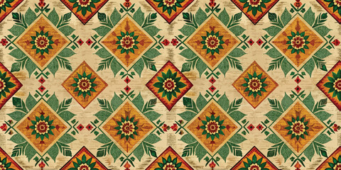 A vibrant, intricate floral pattern featuring yellow and red flowers, green leaves, and geometric shapes.