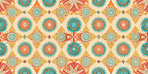 A vibrant geometric pattern in warm tones featuring sun motifs, ideal for modern textile designs.