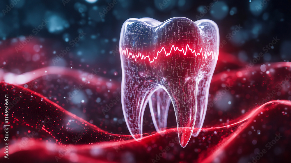 Poster futuristic tooth with digital pulse on red laser background