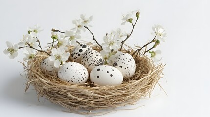 Obraz premium Straw nest with speckled eggs and delicate flowers captures the beauty of nature in springtime