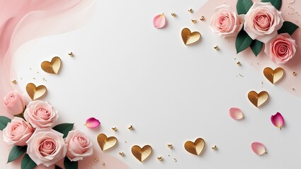Fototapeta premium Soft pink roses are arranged artistically with golden heart decorations and scattered petals, creating a perfect setting for a romantic celebration or event.