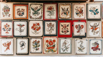 Colorful Collection of Decorative Vintage Illustrations Displayed on a Wall, Featuring Birds, Flowers, and Ornate Patterns in Various Styles