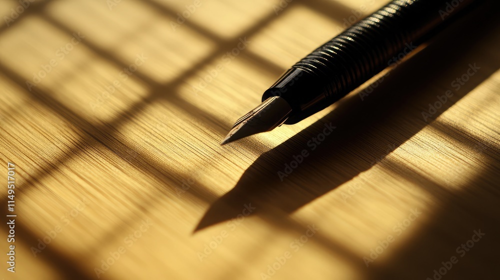 Aufkleber close-up of elegant fountain pen casting a shadow on a warm wooden surface with grid pattern light r