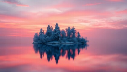 Obraz premium A snow-covered island with frosted trees is reflected in calm water under a vibrant pink and orange sky at sunrise. The peaceful winter creating a serene and captivating atmosphere
