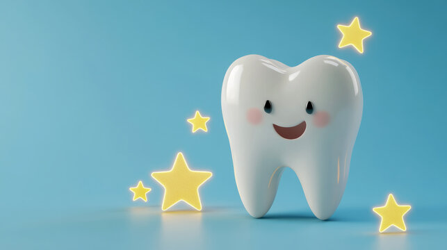 Happy cartoon tooth with glowing stars on blue background