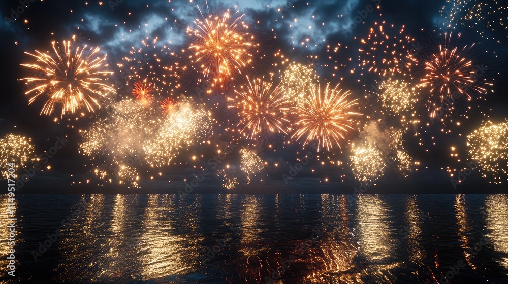 Aufkleber stunning display of colorful fireworks exploding over calm water surface at night, creating a breath