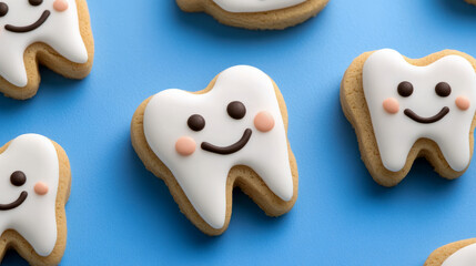 Smiling tooth-shaped cookies with icing on blue background