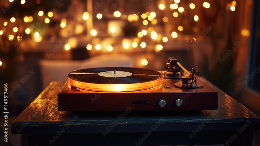 Poster vintage turntable with warm glow surrounded by soft bokeh lights, perfect for evoking nostalgia and 