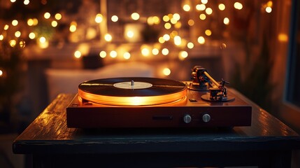Obraz premium Vintage Turntable with Warm Glow Surrounded by Soft Bokeh Lights, Perfect for Evoking Nostalgia and Creating a Cozy Atmosphere in Any Space